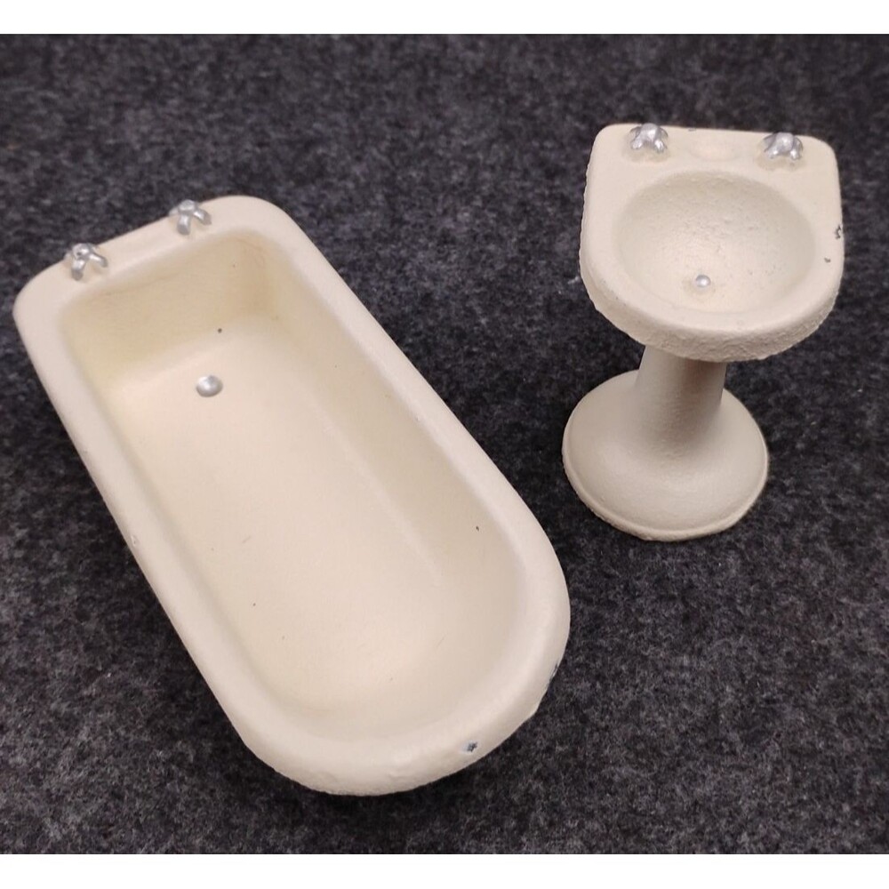 Vintage John Wright Cast Iron Miniature Dollhouse Bathroom Pedestal Sink Bathtub